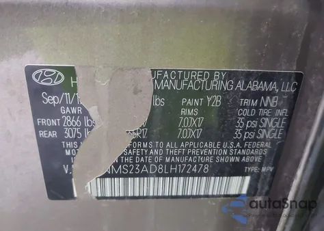 2020 Hyundai Santa Fe Se из США, поврежденный, VIN 5NMS23AD8LH172478